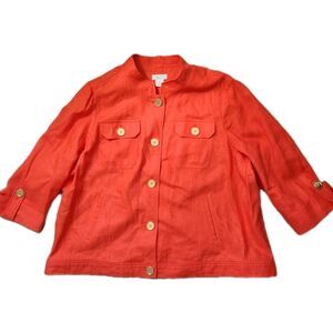 NWOT Laura Ashley 3X 100% Linen Jacket Coral Orange 3/4 Sleeve Button Front